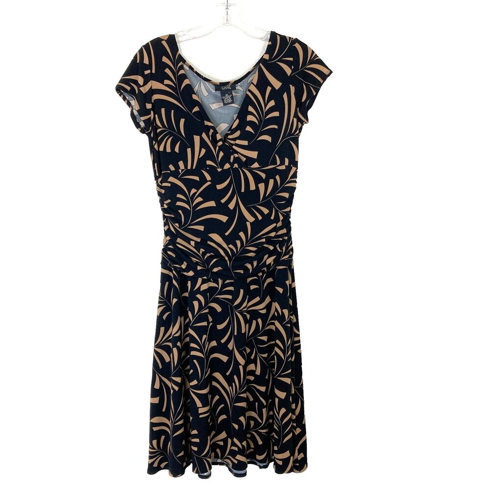 GNW Fit & Flare Dress Size 10 Black Brown Stretchy Ruched Sides Office Y2K